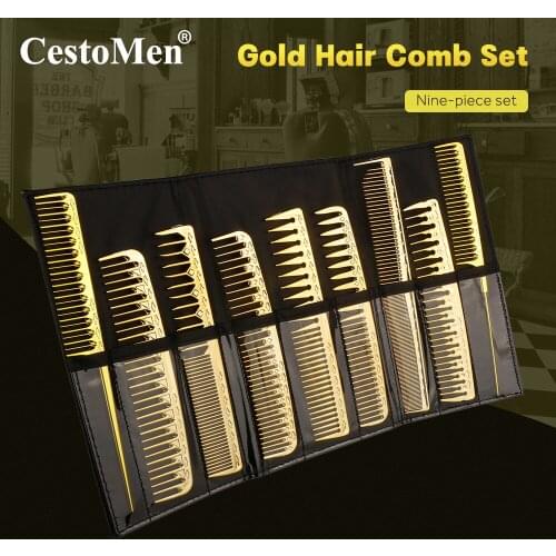 CestoMen 9pcs Hair Cutting Comb Set Golden Heat Resistant Hairdressing Comb Brush Barber Haircut Accessories With Storage Bag
