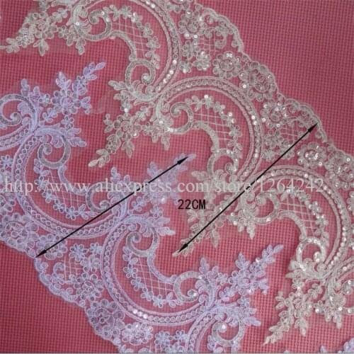 Delicate 3yards 22cm Sequins Ivory/ White Fabric Flower Venise Venice Lace Trim Applique Sewing Craft for Wedding Dec. LW0333