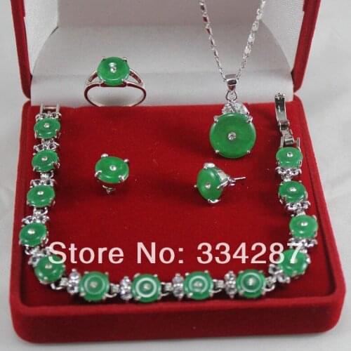 Natural green jade Silver Pendant Bracelet Earring Ring Jewellery set