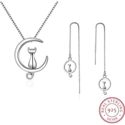 925 Sterling Silver Jewelry Sets Cute Moon Cat Necklace+Earrings For Women Girl Gift