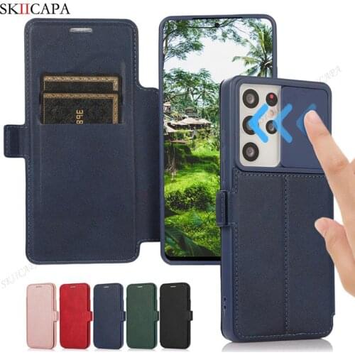 Leather Soft Silicone Flip Phone Case For Samsung S21 S20 Ultra A72 A52 A32 5G A71 A12 Slide Lens Protection Wallet Stand Cover
