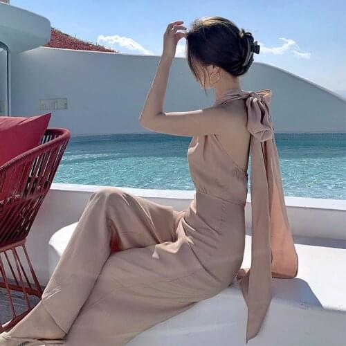 Summer Elegant Lady Backless Bandage Jumpsuit Womens Elegant V-Neck Halter Wide Leg Jumpsuit Female Overalls One Piece Outfit