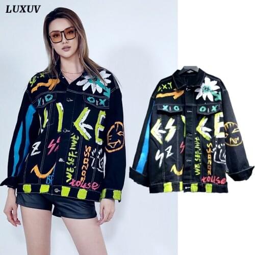 LUXUV Womens Jeans Jacket Oversize Denim Ladies Trench Coat Scrawl Spring Bomber Short Clothes Harajuku Windbreaker Overcoat