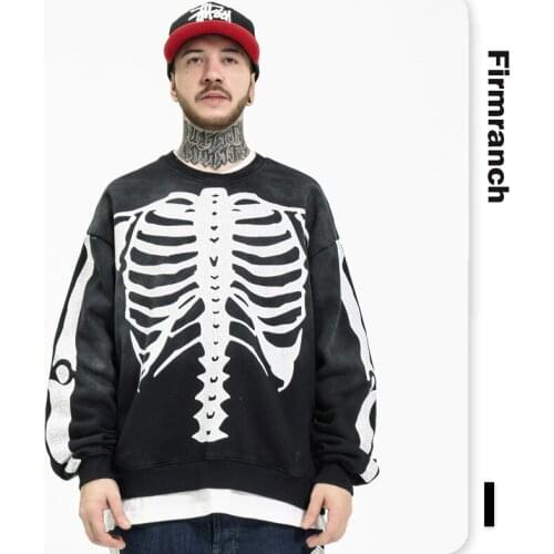 Firmranch Men/Women Couple Ins Fleece Hoodies Hip Hop Street Wear Skeleton Sweatshirt Round Collar Cotton-Padded Thicken Coat