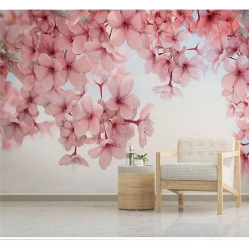 Custom wallpaper mural modern beautiful cherry blossom pink floral wall decoration painting - waterproof material