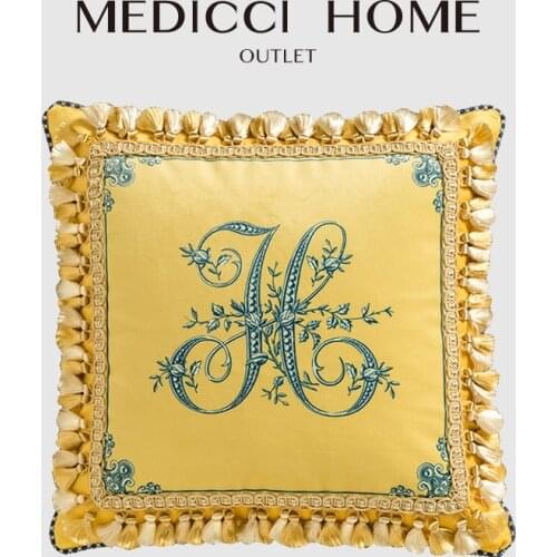 Medicci Home Handicraft Cushion Cover French Style H Letter Authentic Luxury Vintage Yellow Sofa Throw Pillow Case With Tassels
