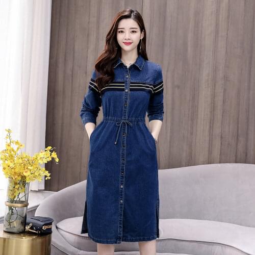 New Fashion Female Autumn Dress woman Dresses Casual 2XL Denim Dress Vintage Jeans Dresses Long sleeves Blue Dress Vestidos