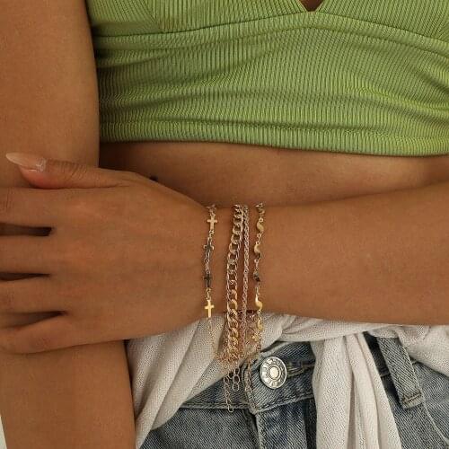 4 Pcs/Set Cross Charm Bracelets for Women Thick Chain Punk Style Gold Color Bracelets Female Hand Chain 2021 Fashion Jewelry