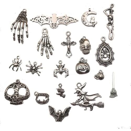 34PCS/Pairs Halloween Charms Mixed Alloy Pumpkin Skull Ghost Clown Spider Bat Cat Pendant Jewelry Making Accessory