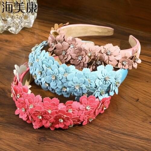 Haimeikang Flower Headband Hair Accessories Rhinestone Crystal Hairbands Spring Wedding Floral Hair Hoop Headwear For Women Girl