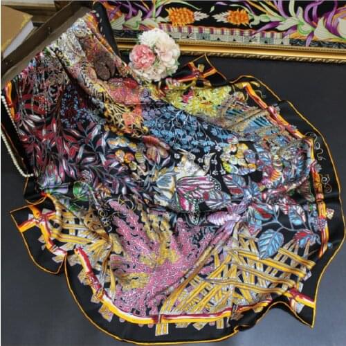 POBING 100% Real Silk Scarf Women Flower Basket Print Square Scarves Wraps Manual Hand Rolled Silk Foulards Bandana Hijabs 110CM