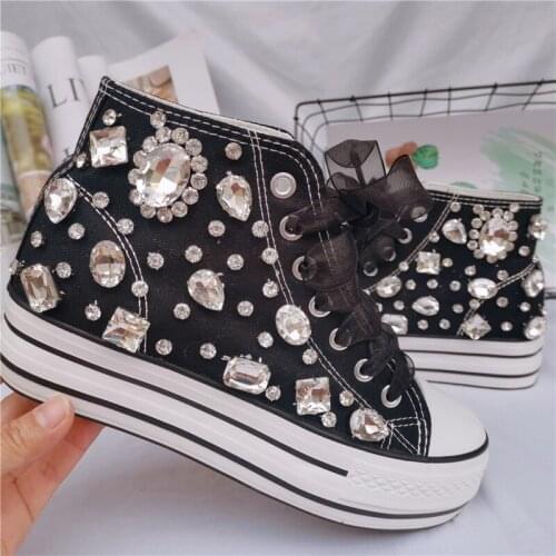 2021 new fashion crystal rhinestone lace-up platform inner heightening womens shoes trend high top platform canvas shoes