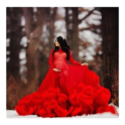 Red Tulle Photo Shoot Tulle Dresses Long Sleeves Sexy Sheer See Through Puffy Maternity Dresses Plus Size Ruffles With Flares