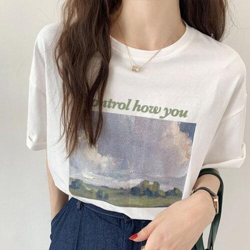 Painting White Printed Cotton Short Sleeved Top Korean Fashion WomenS T-Shirt Female Vintage Clothing Blouses 2021 Kawaii
