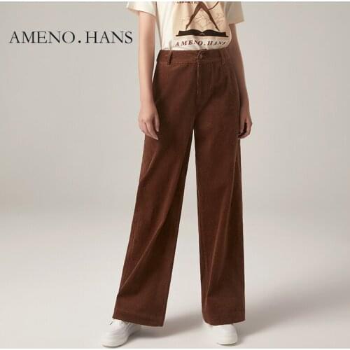 Simple style women long corduroy pants straight wide leg casual loose trousers women