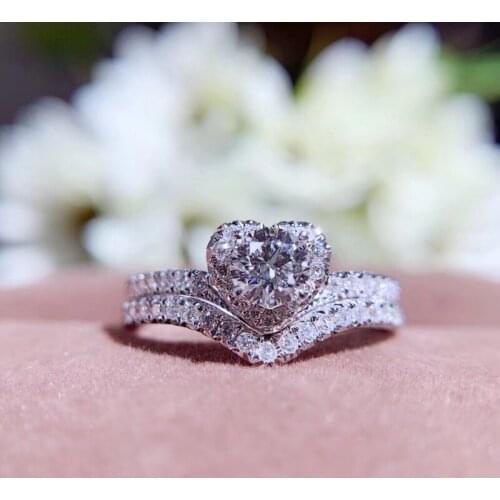 AEAW 18K White Gold Ring Set Round Brilliant Cut 0.42ct 4.5mm Natural Real Diamond Engagement Ring & Wedding Band For Women