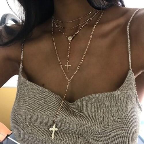 Personality Womens Gold Plated Cross Multilayer Necklace Bohemia Style Charming Long Chain Sweater Necklace Fashion Jewelry