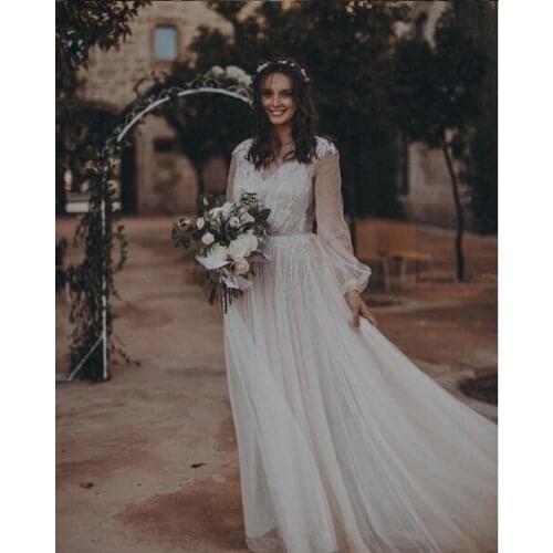 Vestido De Noiva 2019 Boho Beach Wedding Dresses Long Sleeve White Organza Bridal Wedding Gowns Simple A Line Wedding Dress