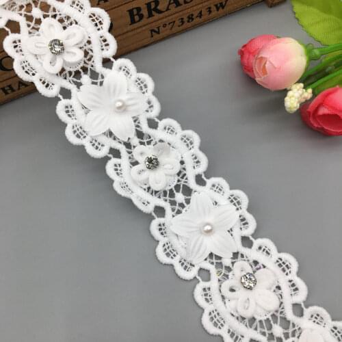 1yard White Cotton Pearl Rhinestones Flower Wave Embroidered Mesh Lace Trim Ribbon Fabric Sewing Craft For Costume Wedding Dress