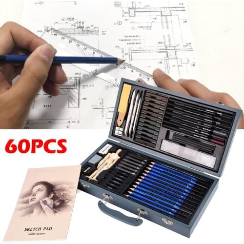 60Pcs/Set Professional Sketch Pencil Charcoal Brush Wooden Box Sketch Tools Wooden Man Ruler Drawing Painting Set Art Supplies