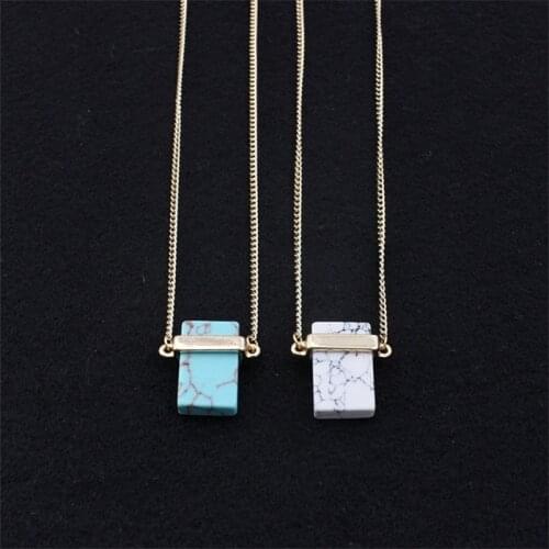 Rectangle Kallaite Natural Stone Pendant Sweater Long Necklaces Geometric Green White Marble Charms Accessories Body Jewelry
