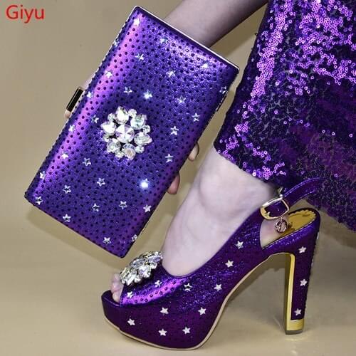 Doershow fashion lady Shoes and Bag Set Italy purple Color Italian Shoes with Matching Bag Set Decorated with Rhineston! HTW1-5