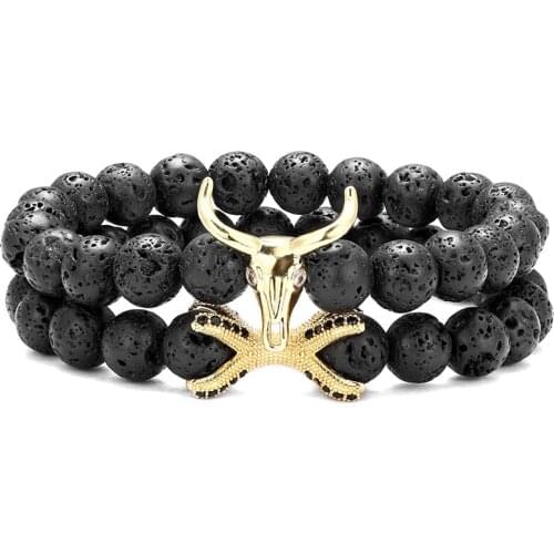 European and American trend fashion bull head black lava stone chakra healing bracelet men and women gift charm jewelry