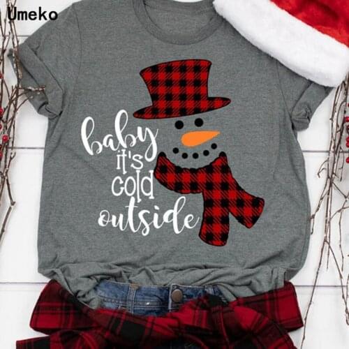 Umeko Baby Its Cold Outside Snowman Print Christmas T Shirt Plus Size S-5xl Loose Women T Shirts Christmas Gift for Lady Tops
