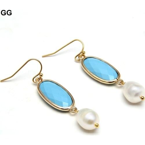 GG Jewelry Natural Cultured White Rice Pearl Bezel Set Blue Crystal Gold Color Plated Hook Earrings Cute For Women