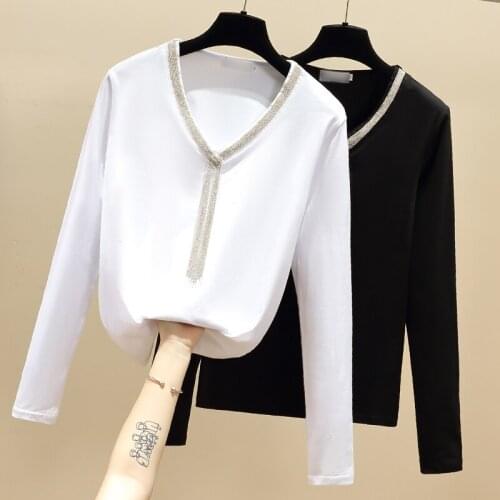 Gkfnmt 2021 Long Sleeve T shirt Women Tshirt Cotton Korean Style White V-Neck Beading T-shirt Women Clothes Tee Shirt Femme