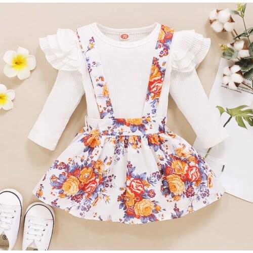 Baby Girls Clothes Set Newborn Infant Fashion 2PCS Solid Flying Sleeve Knit Top+Floral Strap Skirt Bebes Sets Robe Beby 0-5Y