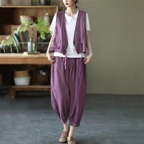 Korean Women Fashion Literary Retro Ramie Two Piece Ladies Casual Sleeveless Waistcoat Tops Thin Harem Pants Leisure Suit zh1079