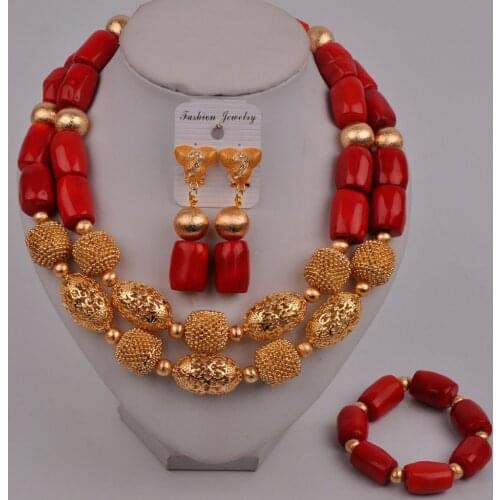 Red Coral Jewelry Necklace Bridal Set Nigerian Wedding African Beads Jewelry Set 319-G3