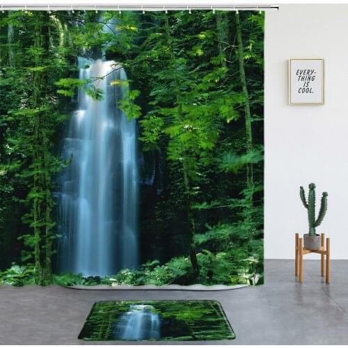 Forest Waterfall Landscape Shower Curtains Natural Scenery Non-slip Rugs ​Bathroom Screen Room Decor Bath Mats Entrance Door Mat