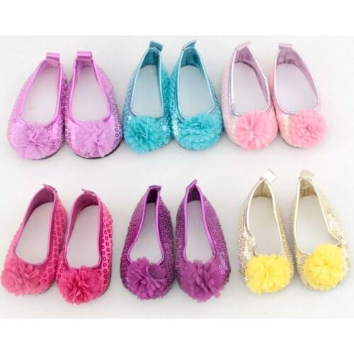 Yellow/Pink/Blue 7cm Flower Sequin Mini Doll Shoes Glitter Shoe For 18inch American Doll,1/3 BJD 43cm Baby Girl Doll Toy Gift