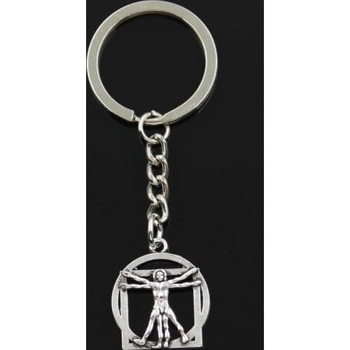 Fashion 30mm Key Ring Metal Key Chain Keychain Jewelry Antique Bronze Silver Color Plated Da Vinci Human Figure 26x22mm Pendant
