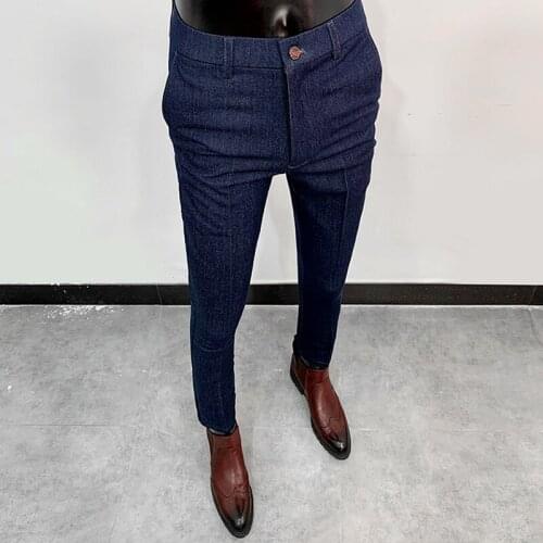 Men Stretch Denim Suit Pants Fashion Casual Slim Fit Trousers Social Party Pantalon Homme Classique Classic Office Dress Pant
