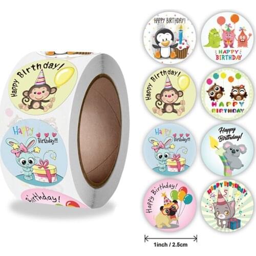 500pcs/Roll 8 Kinds Cute Animal Series Happy Birthday Decoration Sticker For Kids Cartoon Rabbit Stationery Seal Stickers