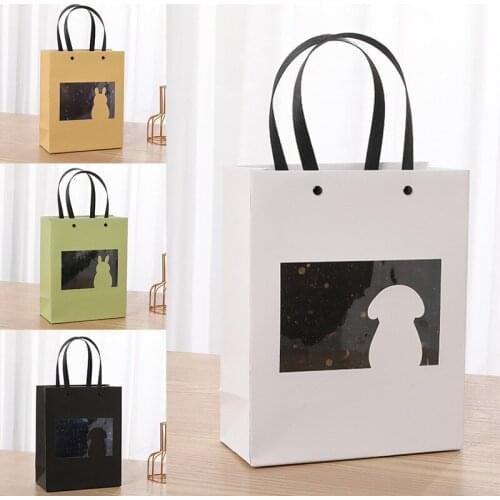 New Transparent Window Cute Rabbit Paper Bag Large Capacity Flower Gift Packing Boxes Birthday Wedding Party Gift Wrapping Bags
