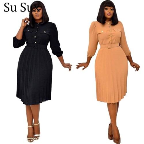 Pleated Dress Women African Clothes Office Lady Africa Clothes Stand Collar Button High Waist Dress and Belt Robe Vestidos 2021