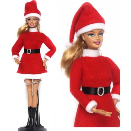 Plush dress + Hat + Boots / Winter Wear Red Christmas Costume Outfit Clothing Accessories For Toy Xinyi FR Barbie Doll Toys Xmas