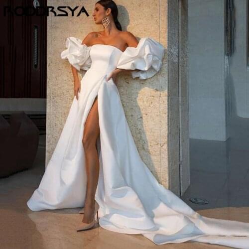 RODDRSYA Satin White Wedding Dresses 2021 Puff Sleeve High Split Bride Gowns Strapless A Line Wedding Gowns Women Robe De Mariée