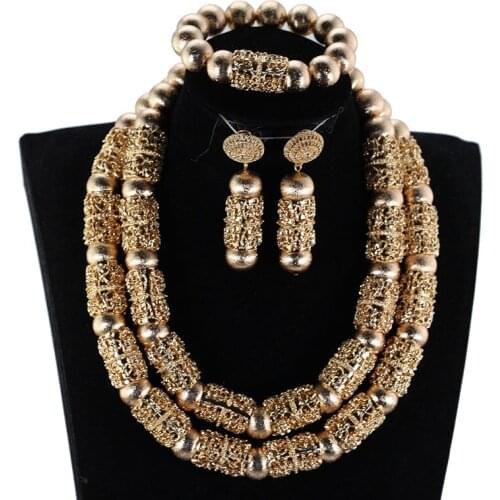 Luxury Dubai Gold Statement Necklace Earrings Set Copper Beads Fashion Bridal Wedding Party Jewelry set For Brides WE001