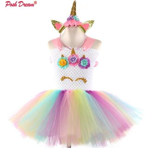 POSH DREAM Unicorn Little Flower Children Girls Tutu Dresses with Headband Gold Satin Cartoon Kids Girls Clothes Birthday Party