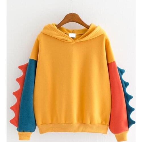Spring Autumn Hoodies Sweatshirts Fashion Women Casual Loose Long Sleeve Splice Dinosaur Sweatshirt Chic Tops толстовка