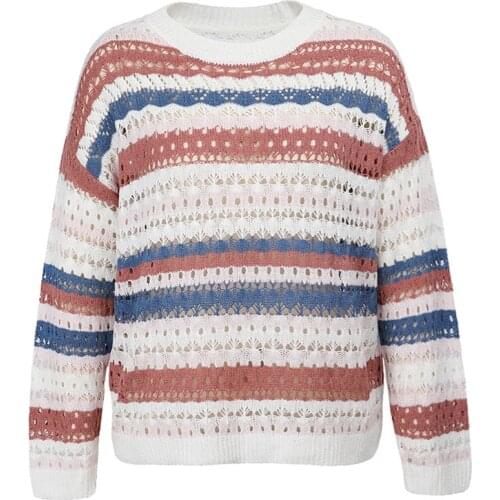 Quanss Spring Autumn Multicolor Striped Hollow Out Knitted Sweater Women 2021 New Fashion Loose Pullover Female Casual Knit Top