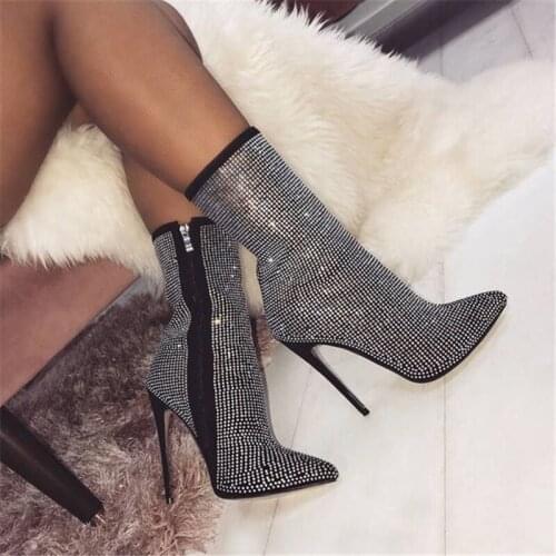 Women Ankle Boots Rhinestones High Heels Shoes Woman Zip Pointed Toe Sexy Crystal Boots for Females botines mujer 2019