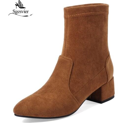 Sgesvier Women Boots Spring Shoes Med Heels Pointed Toes Ankle Boots Slip On Stretch Fabric Casual Thick Heels Shoes Woman B848