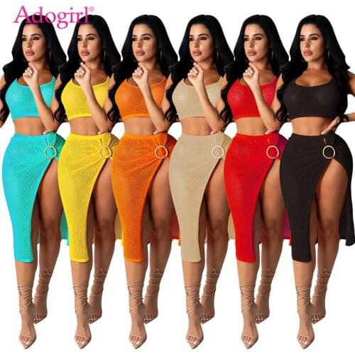 Adogirl Women Casual Mesh Crop Tank Top Beach Skirt Two Piece Suit 2020 Summer New Hollow Out Fishnet Asymmetrical Dress Set