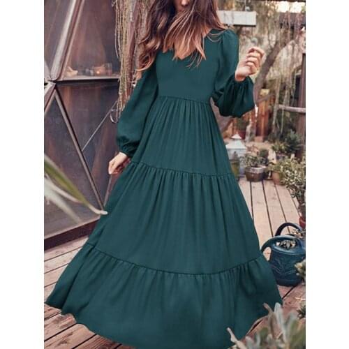 Women Long Maxi Dress 2021 ZANZEA Elegant Ladies Layered Dress Autumn Puff Sleeve Sundress Oversize Casual Solid Ruffle Robe